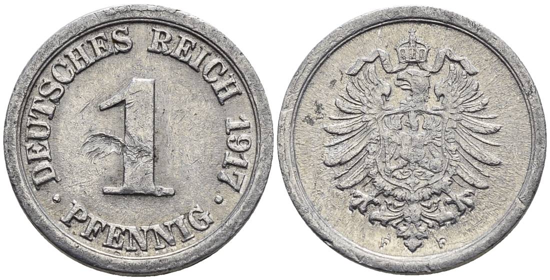 Германия 1 пфенниг 1917 F KM 24, J. 300, Weege 2 алюминий 4547-116