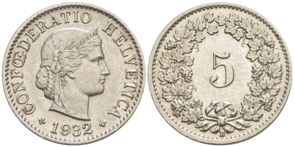 ШВЕЙЦАРИЯ 5 РАППЕНОВ 1932 В KM 26 медно-никель 4532-929