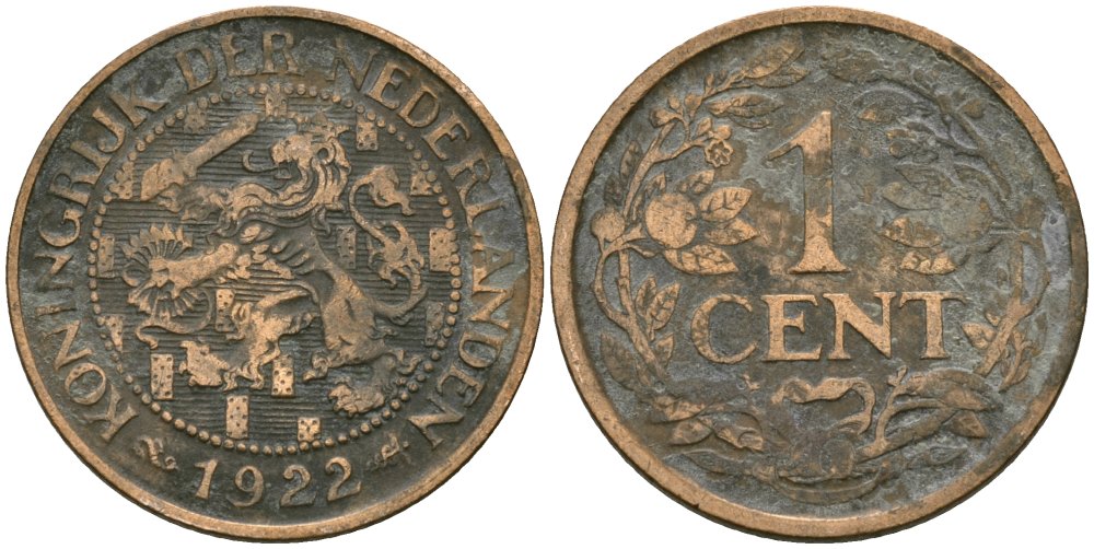 Нидерланды 1 цент 1922 Вильгельмина (1890-1948) KM 152 бронза 4576-1054