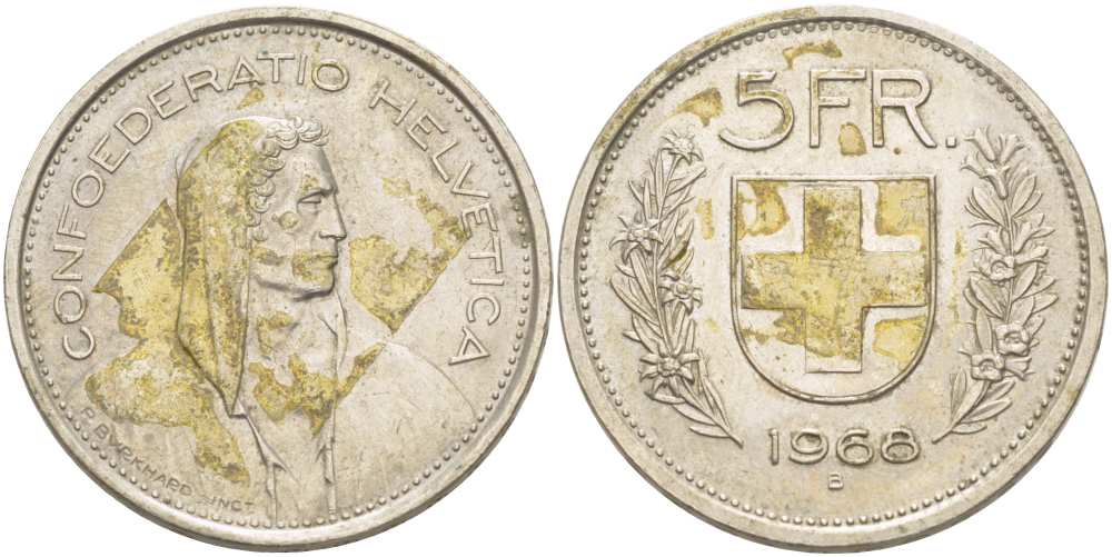 Швейцария 5 франков 1968 В, первый год KM 40а.1 медно-никель 215-743