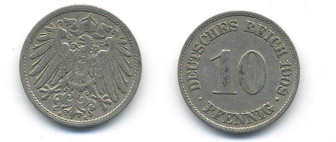 ГЕРМАНИЯ 10 ПФЕННИГОВ 1908 A KM 12, J. 13 медно-никель 58-335