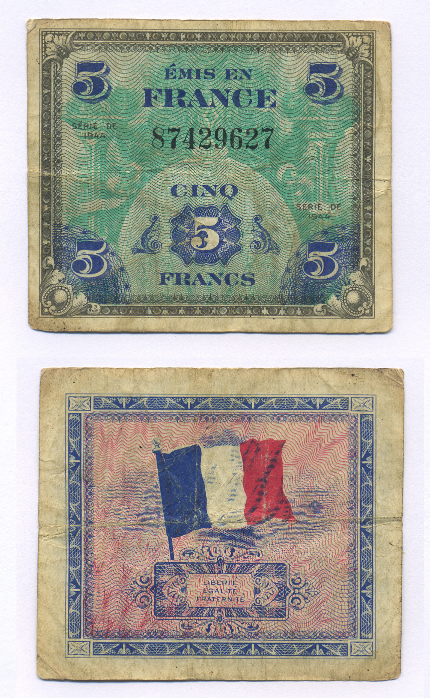 ФРАНЦИЯ 5 ФРАНКОВ 1944 Pick 115a бумага 7205-17-2-1