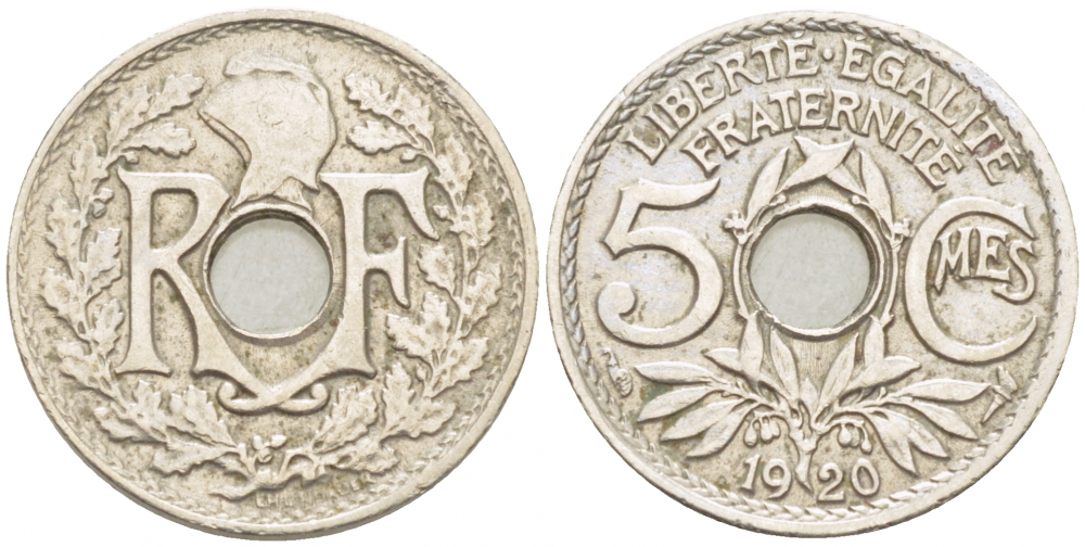 Франция 5 сантимов 1920 2 грамма KM 875 медно-никель 1515-343