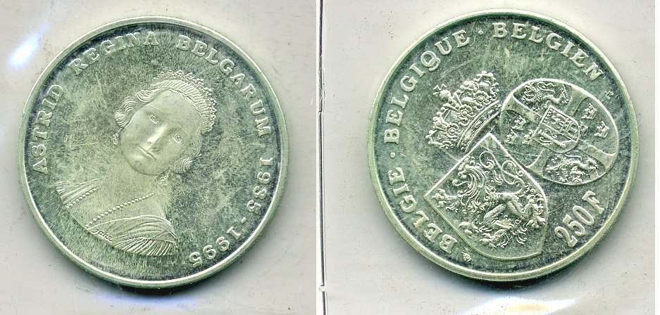 Бельгия 250 франков 1995 Belgie-Belgique, 60 лет со дня смерти королевы Астрид (1935-1995) KM 199 серебро UNC 443-911