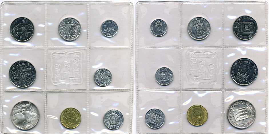 Сан-Марино годовой набор из 8 монет 1973 1, 2, 5, 10, 20, 50, 100 и 500 лир ребёнок держит голубя KM 22-29, в оригинальной пластиковой запайке серебро KM MS2 серебро UNC 2-5-1-15