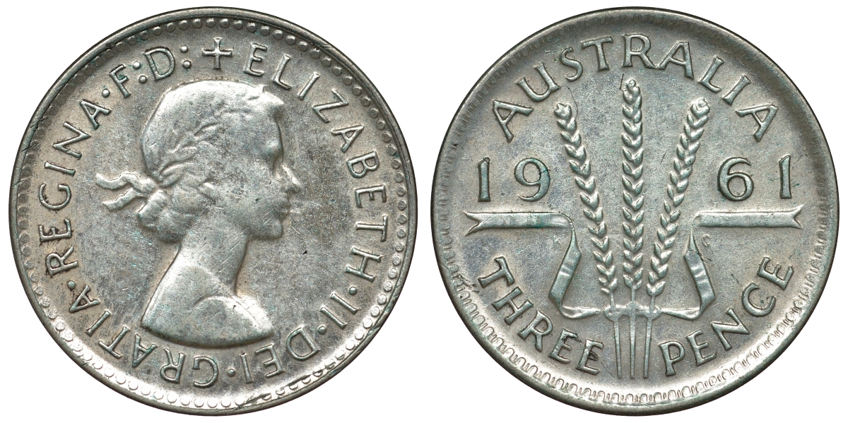 Австралия 3 пенса 1961 m, Елизавета II (1952-2022) KM 57 серебро 71-814