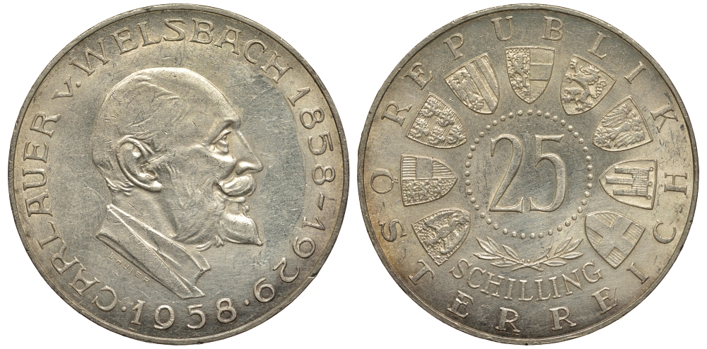 Австрия 25 шиллингов 1958 100 лет со дня рождения Карла Вельсбаха KM 2884 серебро aUNC 1520-144