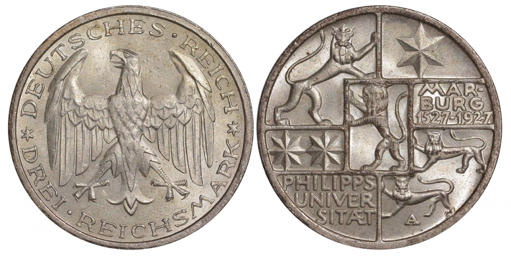 Германия 3 марки 1927 A, 400 лет Университету Марбурга J. 330, KM 53 серебро 00-812-06