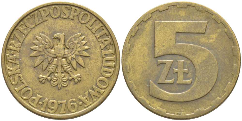 Польша 5 злотых 1976 монетный двор Ленинград (ЛМД) KM 81.1, Parchimowicz 221b латунь 113-417
