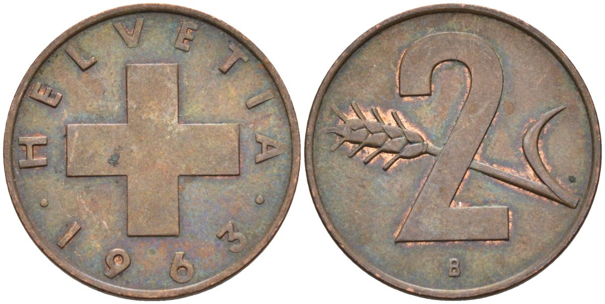 Швейцария 2 раппена 1963 В KM 47 бронза 4591-1244