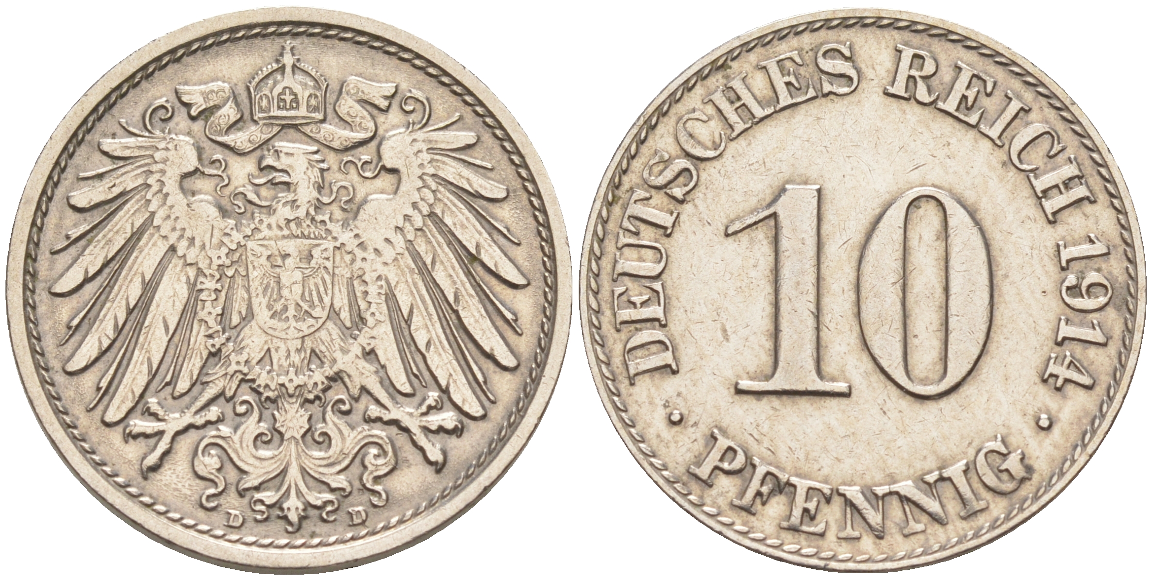 ГЕРМАНИЯ 10 ПФЕННИГОВ 1914 D KM 12, J. 13 медно-никель 190-353