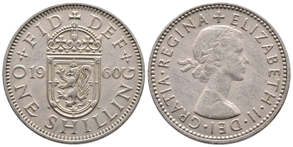 Великобритания 1 шиллинг 1960 Елизавета II (1952-2022), Шотландский герб KM 905, Spink 4148 медно-никель 86-911