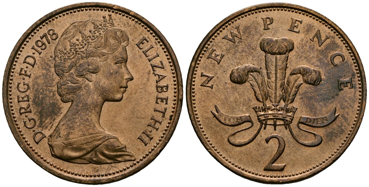 Великобритания 2 пенса 1978 Елизавета II (1952-2022) KM 916, Spink 4235 (C1) бронза 4381-342