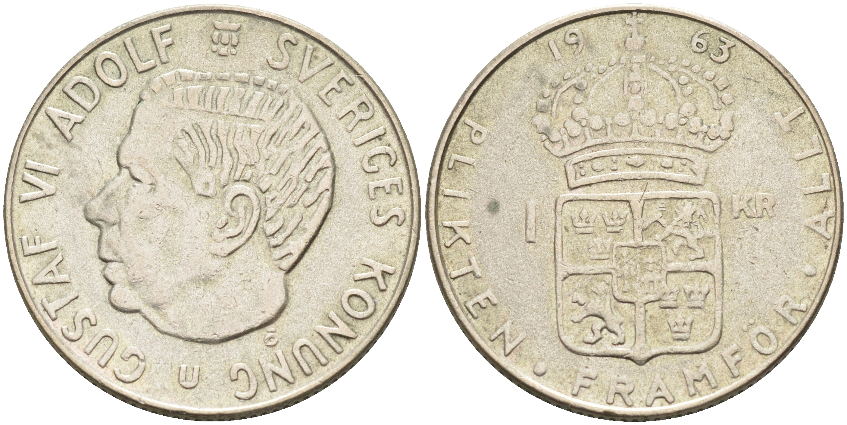 Швеция 1 крона 1963 U, Густав VI Адольф (1950-1973) KM 826 серебро 4126-826