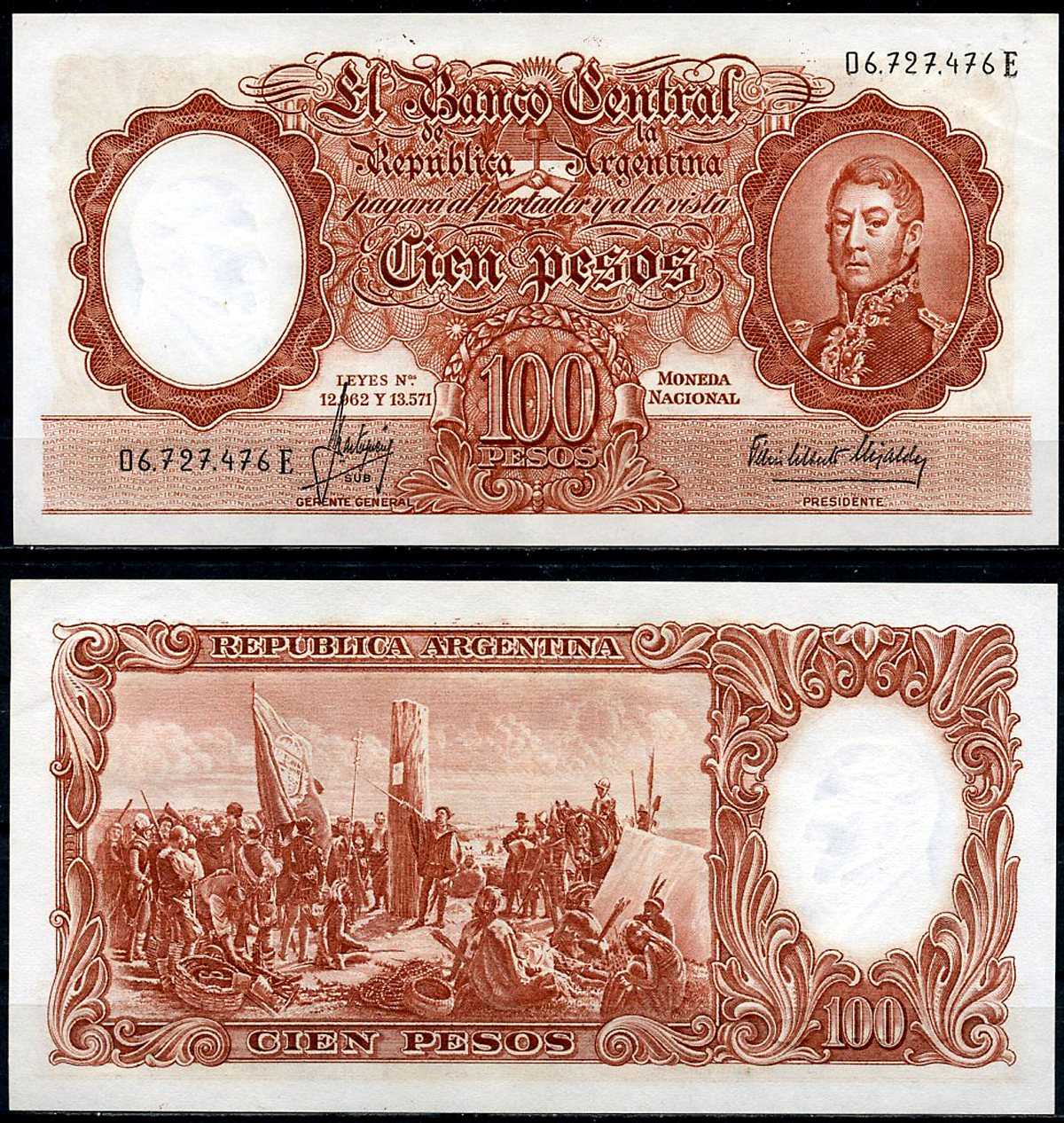 Аргентина 100 песо ND (1954-1968) серия Е 06727, Генерал Сан Мартин, картина "Основание Буэнос-Айреса" Pick 272 (8)  бумага  аUNC  447-68-2
