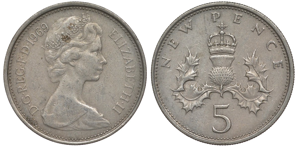 Великобритания 5 пенсов 1969 Елизавета II (1952-2022) KM 911, Spink 4233 (D1) медно-никель 4128-843
