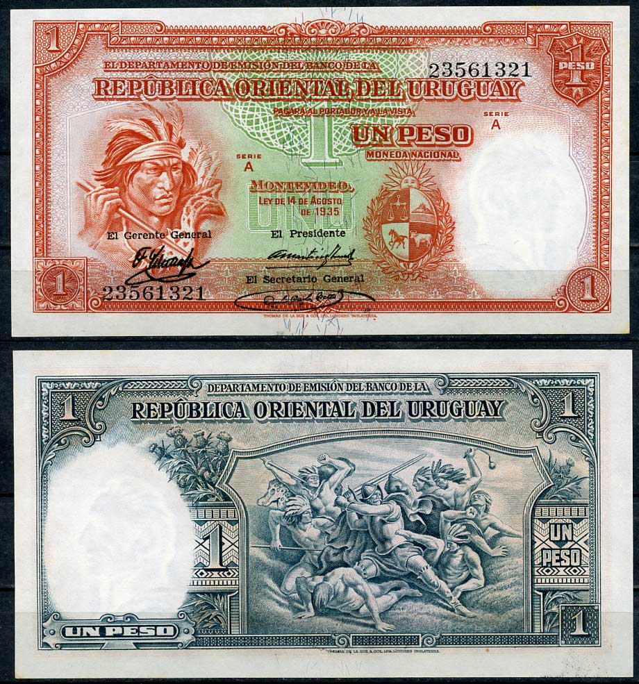Уругвай 1 песо 1935 индеец, конкистадор, сражающийся с индейцами, серия A, El Presidente Pick 28 c(2)  бумага  UNC (пресс) 00-00