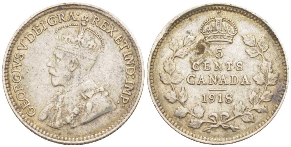 Канада 5 центов 1918 Георг V (1910-1936) KM 22 серебро 211-417