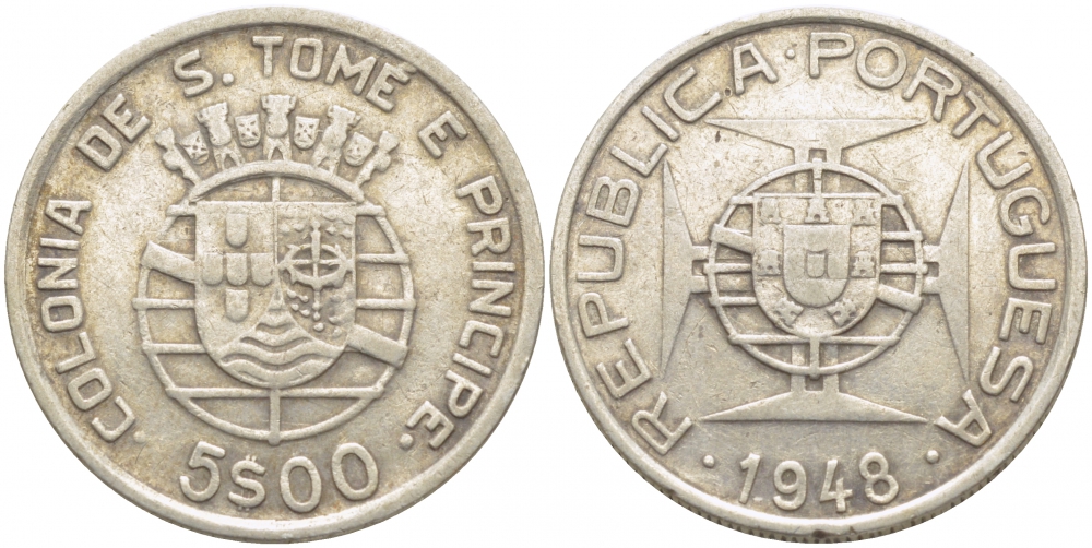 Португальское Сан-Томе и Принсипи 5 эскудо 1948 KM 6 серебро 413-2042