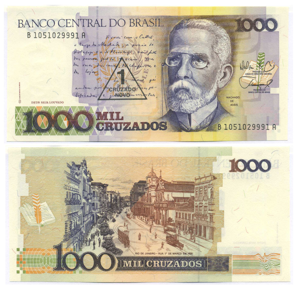 БРАЗИЛИЯ 1 КРУЗАДО 1989 СЕРИЯ В 1051, НАДПЕЧАТКА НА 1000 КРУЗАДО, МАЧАДО ДЕ АССИС Pick 216b бумага UNC (ПРЕСС) 8595-35-1-1