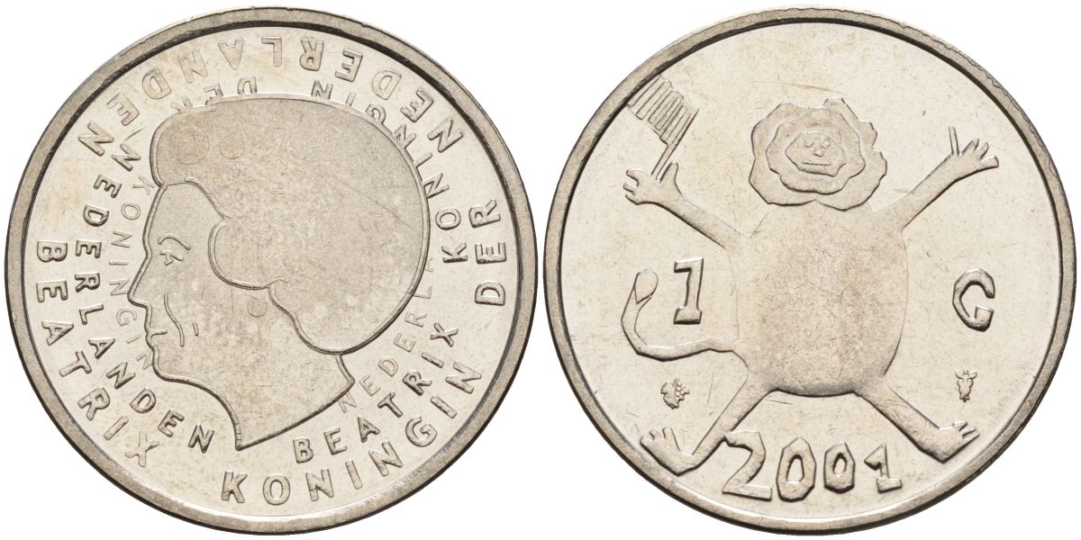 Нидерланды 1 гульден 2001 прощай гульден, детский рисунок, лев с флагом в руках KM 233 никель UNC 4116-113