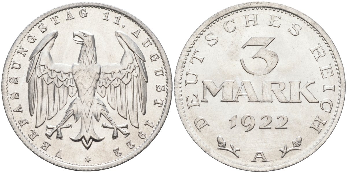 Германия 3 марки 1922 A, третья годовщина Веймарской Конституции KM 29, J.303 алюминий UNC 4587-245