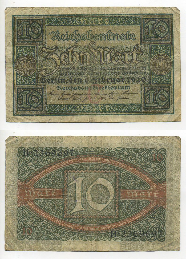 ГЕРМАНИЯ 10 МАРОК 1920 6 ФЕВРАЛЯ 1920, БУКВА C, СЕРИЯ H, СЕМЬ ЦИФР В НОМЕРЕ СЕРИИ Pick 67a, Rosenberg 63а бумага 6317-2-3