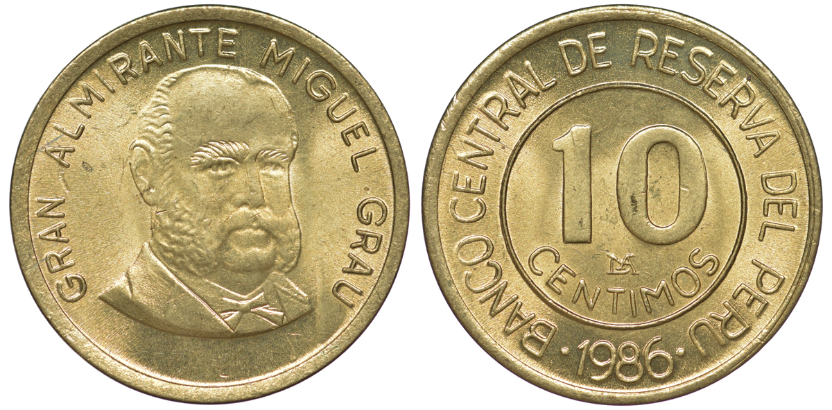 Перу 10 сентимо 1986 Мигель Грау Семинарио KM 293 латунь aUNC 4189-722