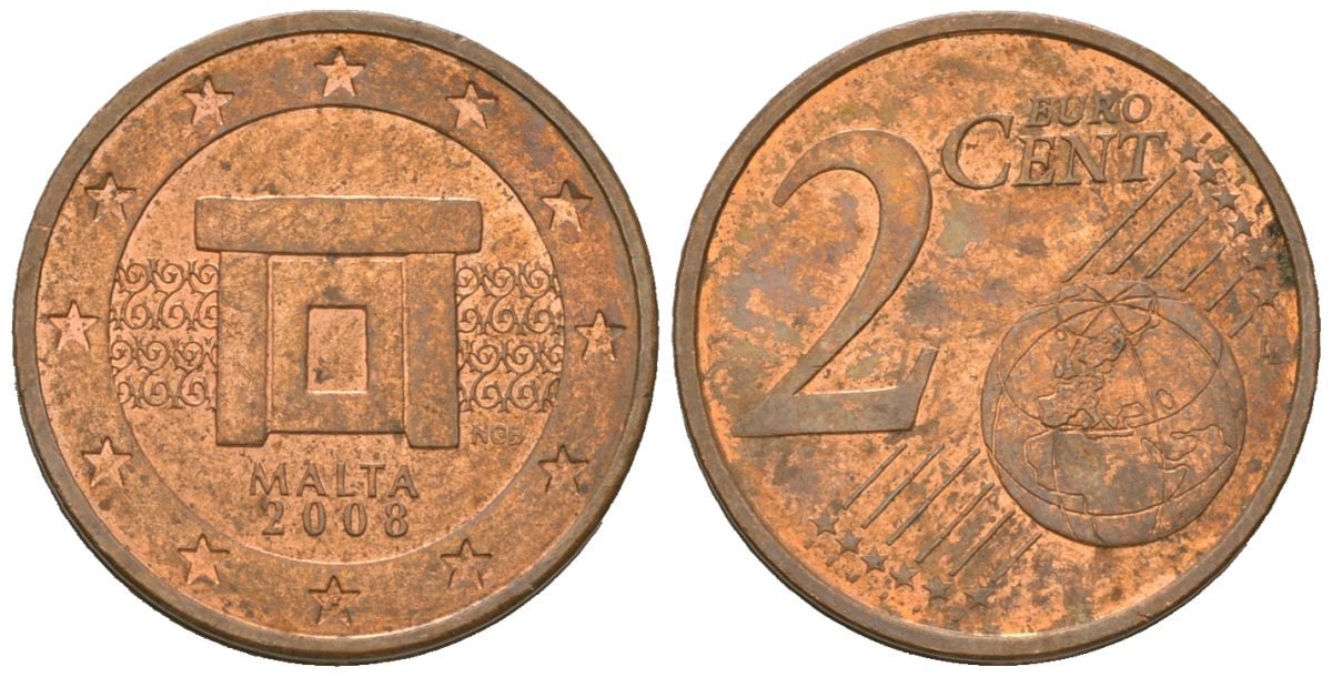 Мальта 2 евроцента 2008 F KM 126 сталь плакированная медью 4548-355