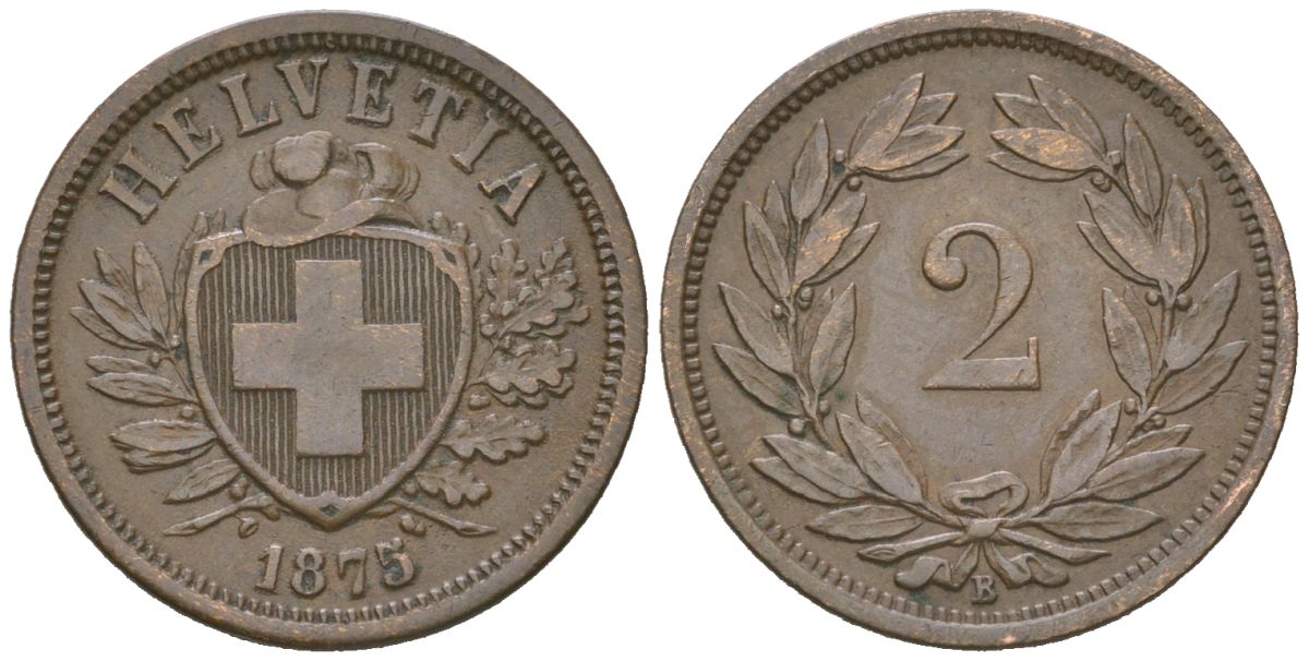 Швейцария 2 раппена 1875 B KM 4 бронза 4547-1033