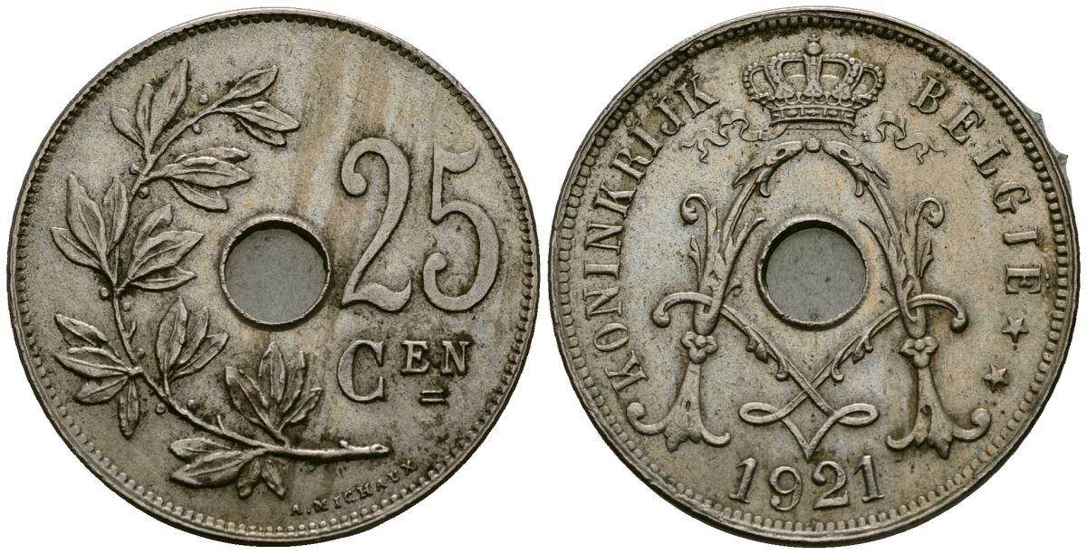 Бельгия 25 сантимов 1921 Belgie KM 69 медно-никель 4165-811