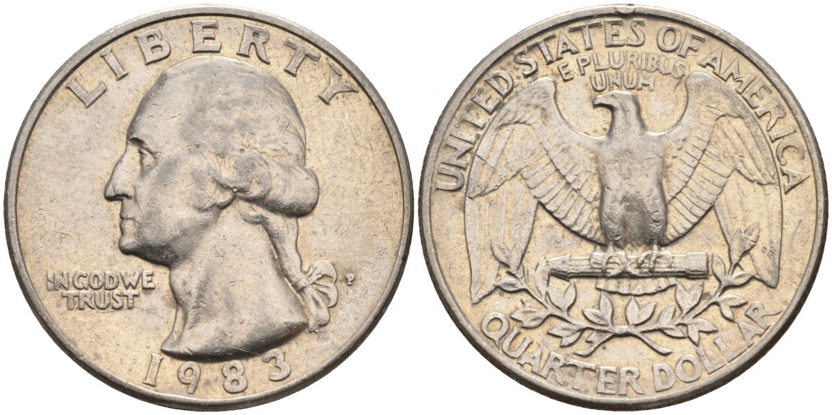 США 25 центов = квотер 1983 P, Вашингтон KM A164a медь плакированная медно-никелем 4584-1145