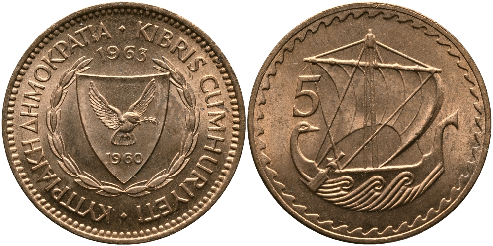 Кипр 5 милсов 1963 парусник KM 39 бронза aUNC 33-754