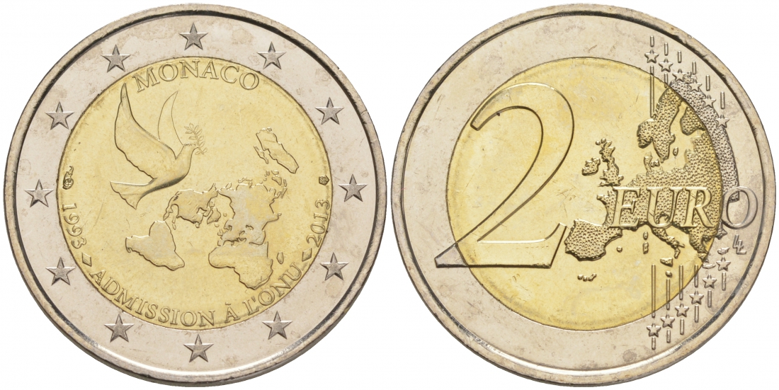 Монако 2 евро 2013 20 лет вступления в ООН KM 200 биметалл UNC M21-3