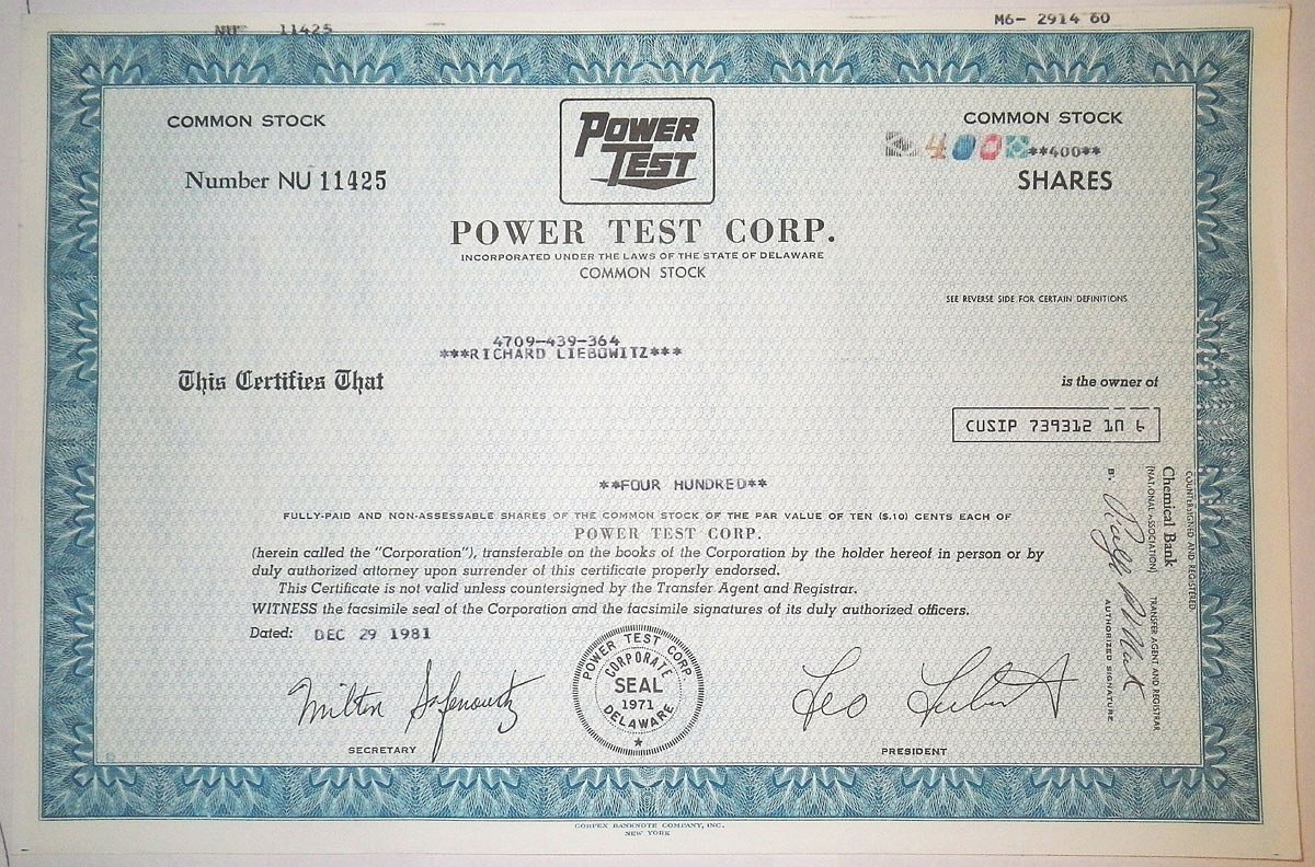 США, Power Test Corp. 400 акций 1981 бумага 8805-61-1