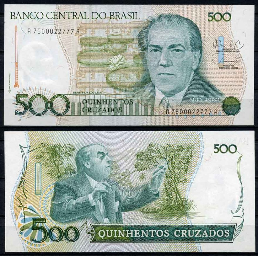 Бразилия 500 крузадо ND (1986-1988) серия A 7600, 100 лет со дня рождения Эйтор Вилла-Лобос Pick 212 d бумага UNC (пресс) 2196-37-2-2