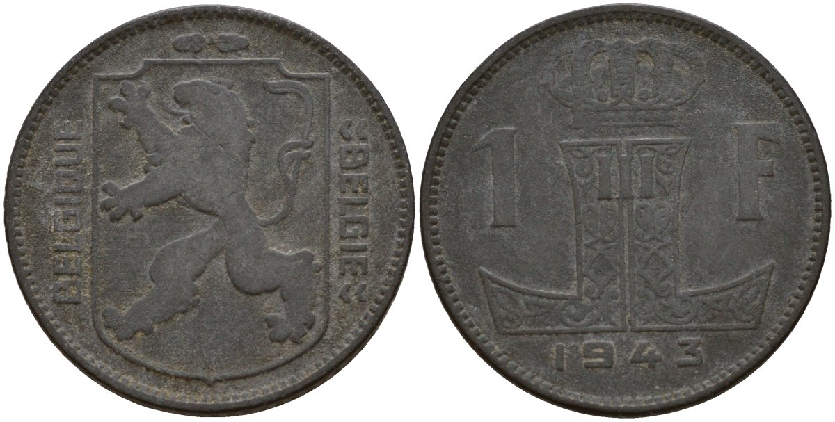 Бельгия 1 франк 1943 Belgique - Belgie, Леопольд III (1934-1947), германская оккупация, Вторая мировая война KM 127 цинк 4161-534