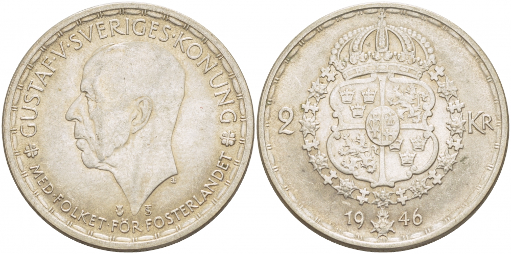 Швеция 2 кроны 1946 TS, Густав V (1907-1950) KM 815 серебро aUNC 3457-135