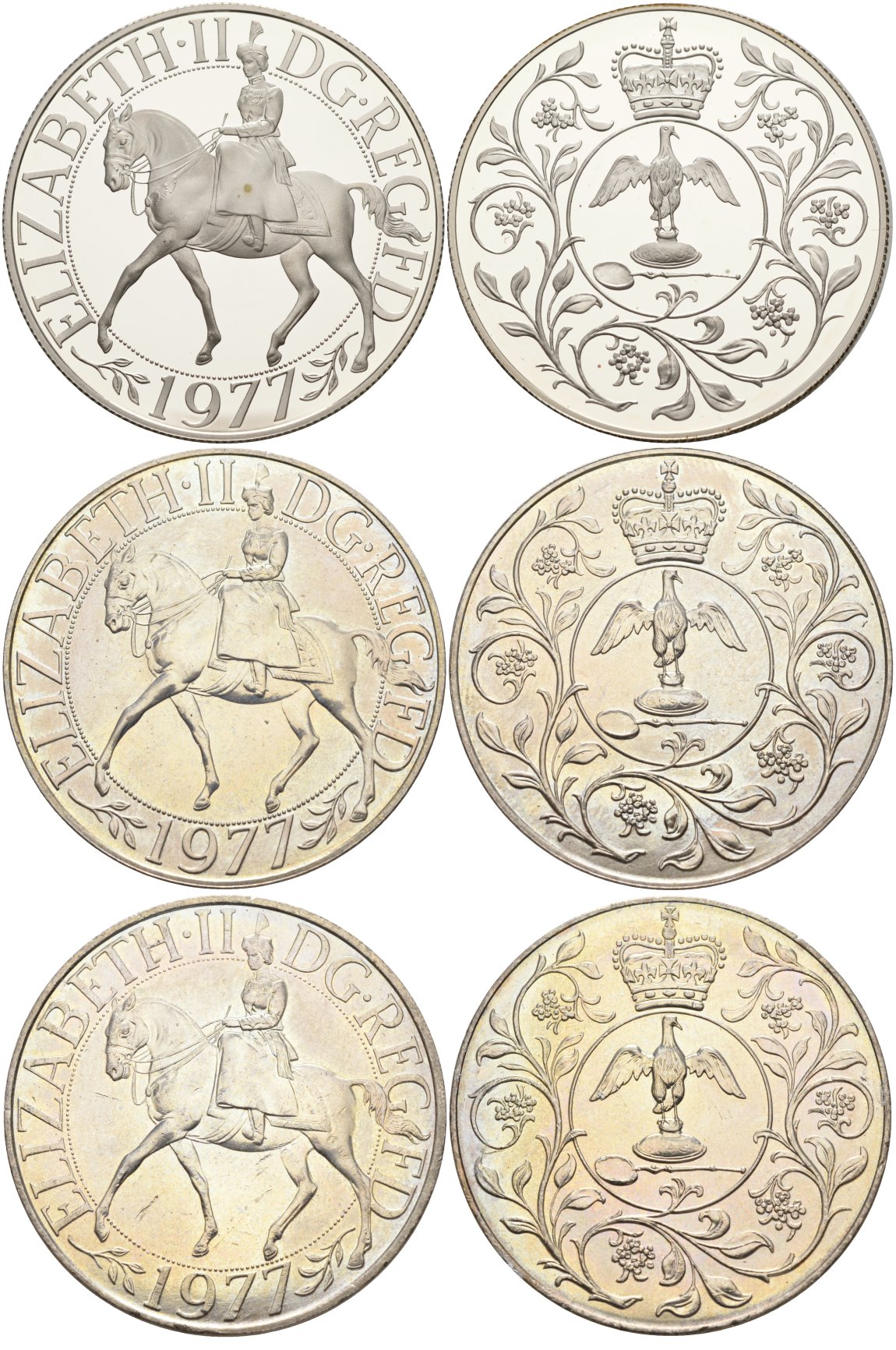 Великобритания набор из 3 монет по 25 пенсов 1977 25 лет со дня коронации Елизаветы, Елизавета II (1952-2022) KM 894 и 920a, Spink 4136 и 4227 медно-никель, серебро PROOF, UNC, UNC 7-5-1-14