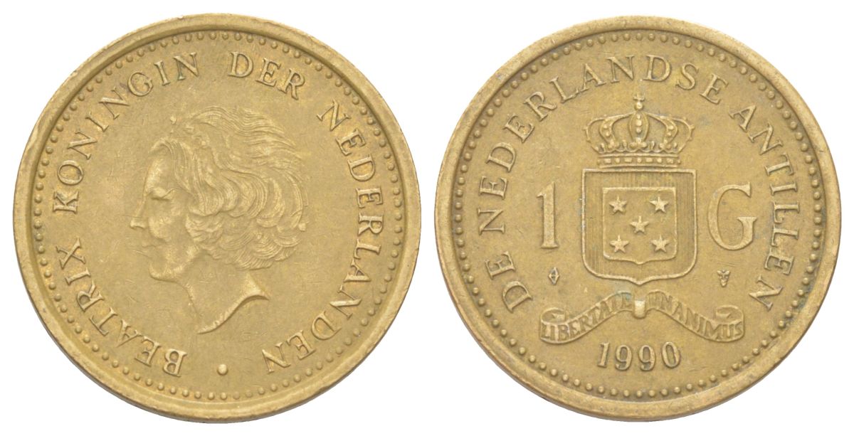 Нидерландские Антильские острова (Нидерландские Антилы) 1 гульден 1990 Беатрикс (1980-2013) KM 37 сталь плакированная бронзой 4624-457