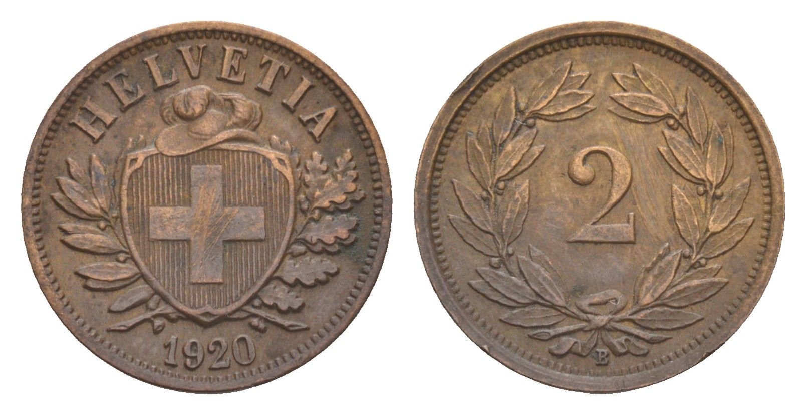 Швейцария 2 раппена 1920 B, редкий год KM 4 бронза 1518-814