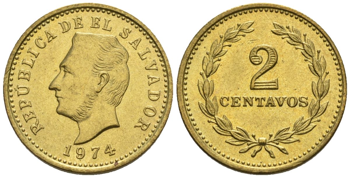 Сальвадор 2 сентаво 1974 год тип, Франсиско Морасан KM 147, Schoen 19 латунь 4124-253