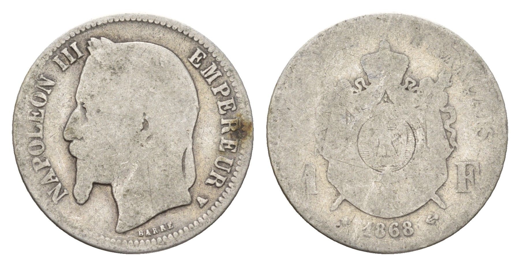 Франция 1 франк 1868 A, Наполеон III (1852-1870) KM 806 серебро 94-1247