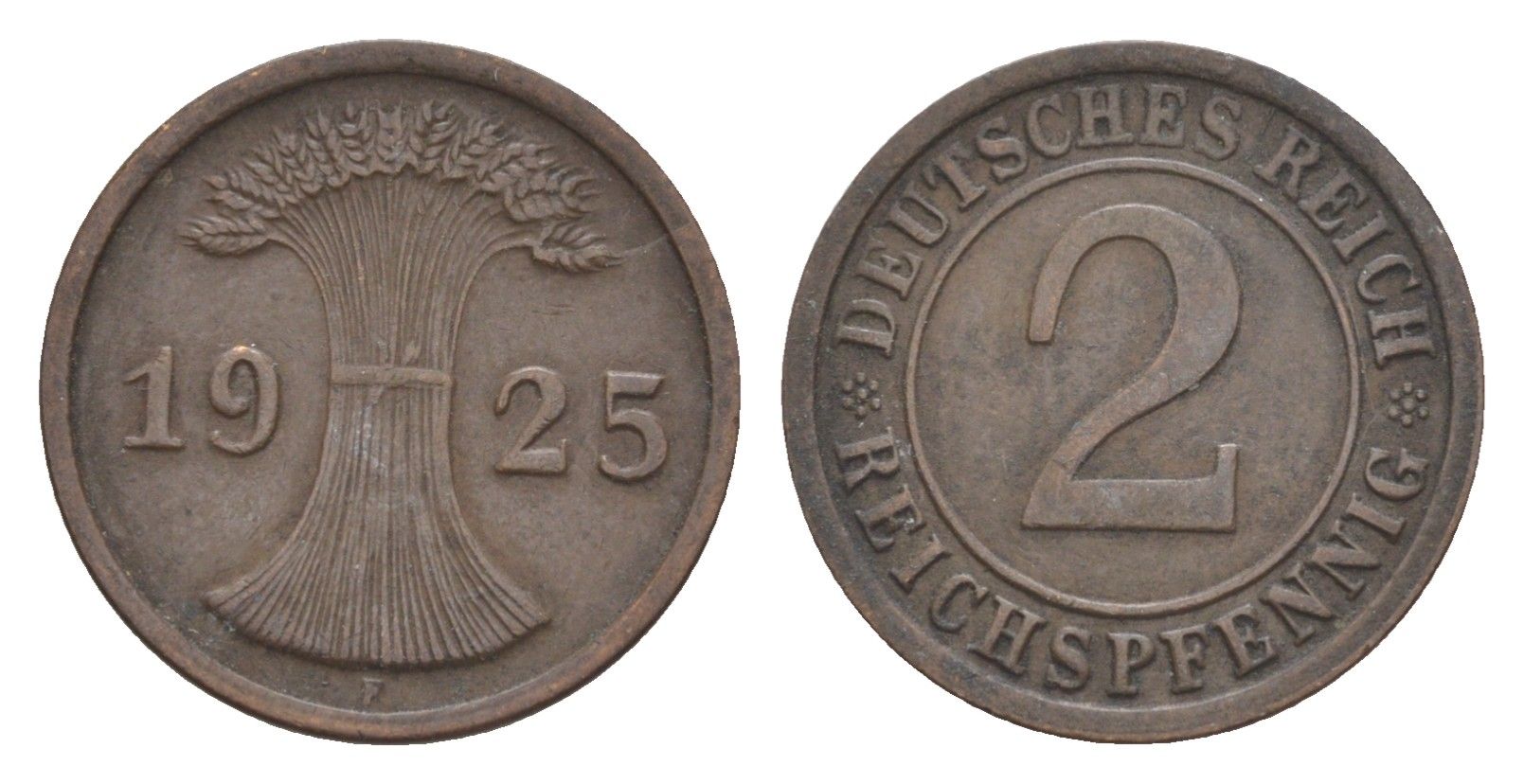 Германия 2 рейхспфеннига 1925 F KM 38, J.314, Weege 4 медь 4639-1228