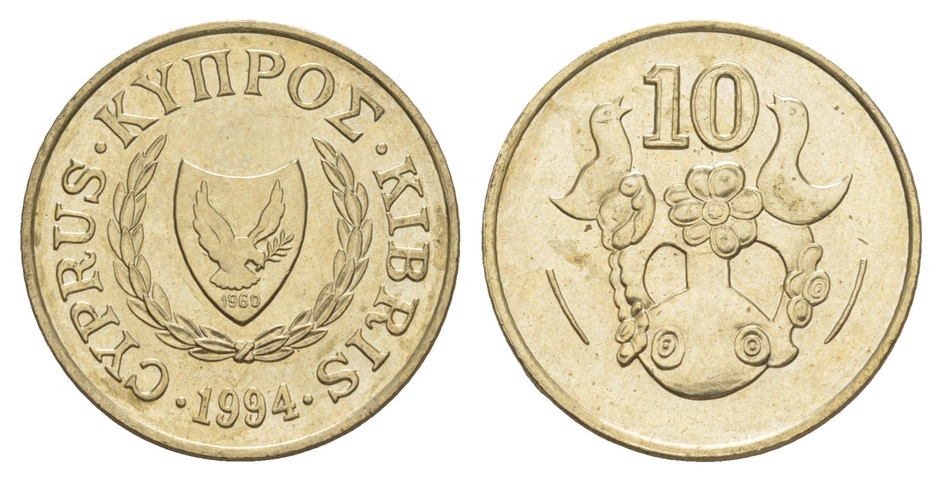 Кипр 10 центов 1994 ваза с птичками KM 56.3 никель латунь UNC 4652-343