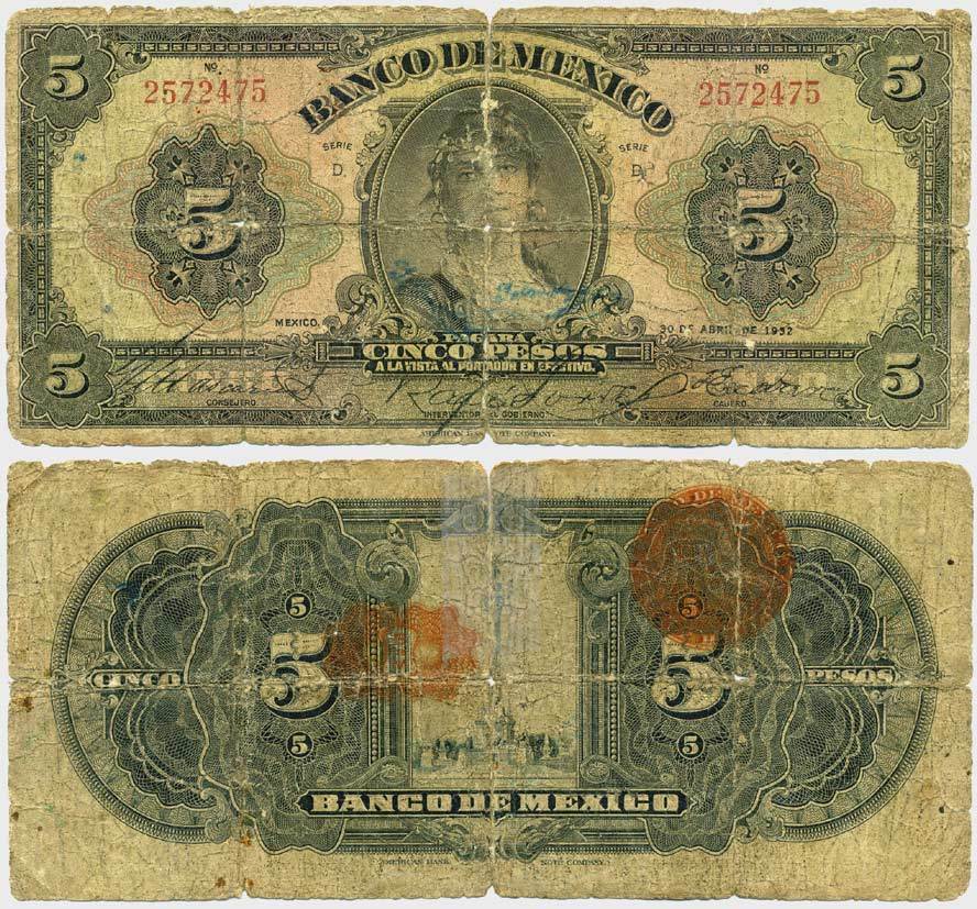 МЕКСИКА 5 ПЕСО 1932 Pick 21c бумага 8564-19-3