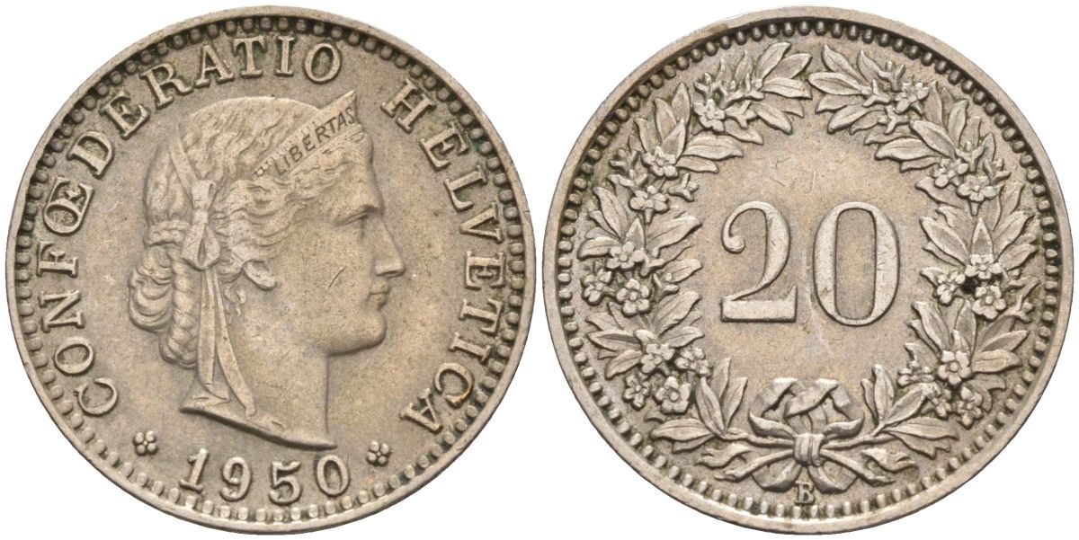 Швейцария 20 раппенов 1950 В KM 29а медно-никель 4592-914