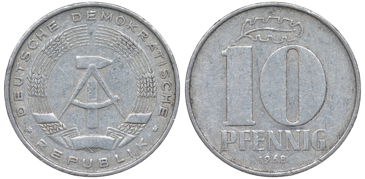 ГДР 10 пфеннигов 1968 A KM 10 алюминий 62-813