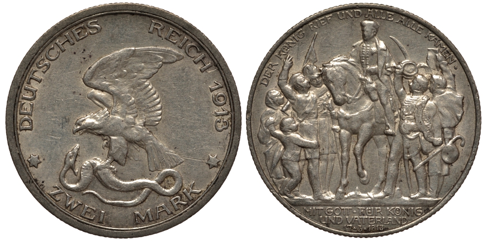 Пруссия 2 марки 1913 A, Вильгельм II (1888-1918), 100 лет победы над Наполеоном J.109, Weege 109, KM 532 серебро 3711-931