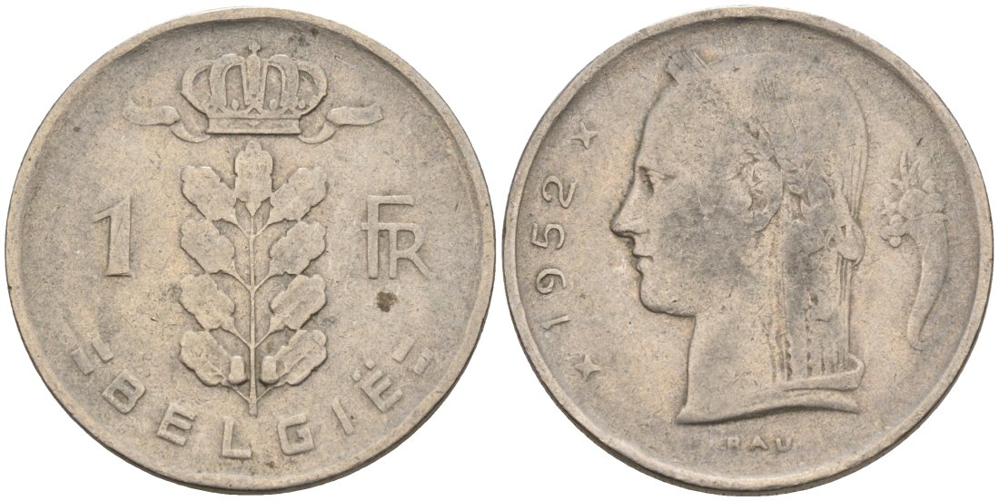 Бельгия 1 франк 1952 Belgie, Бодуэн I (1951-1993) KM 143.1 медно-никель 73-347